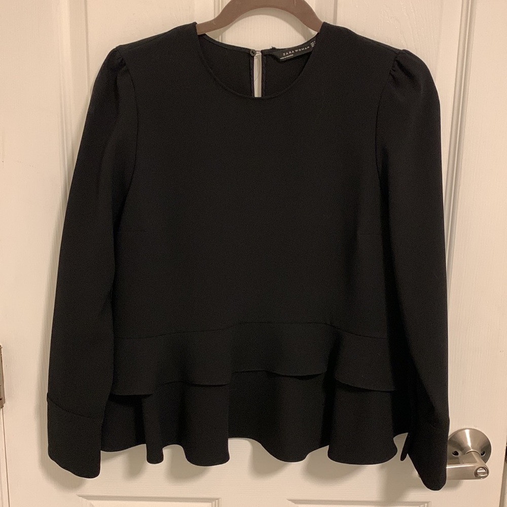 Zara | Peplum Blouse, Black, Medium